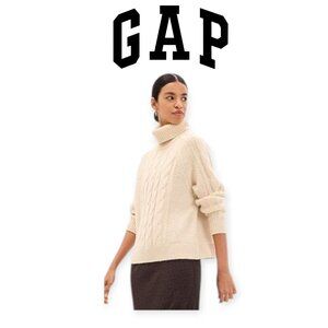 GAP Cream Cable-Knit Turtleneck Sweater Women Medium Soft Cozy Hip-Length Knit T
